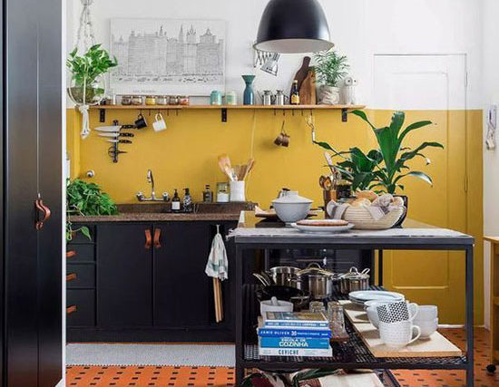Couleur Jaune Moutarde sur le mur de la cuisine noire